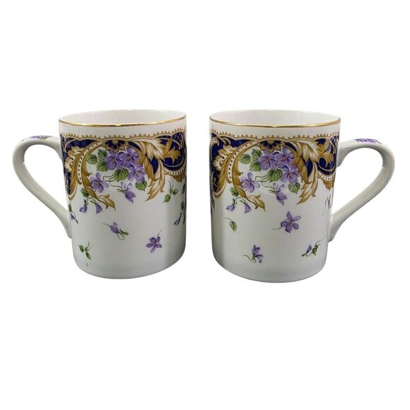 Andrea by Sadek Royal Violets Gold Rim 10 Oz Porcelain Mugs Cups – Set of 2 - Picture 10 of 16